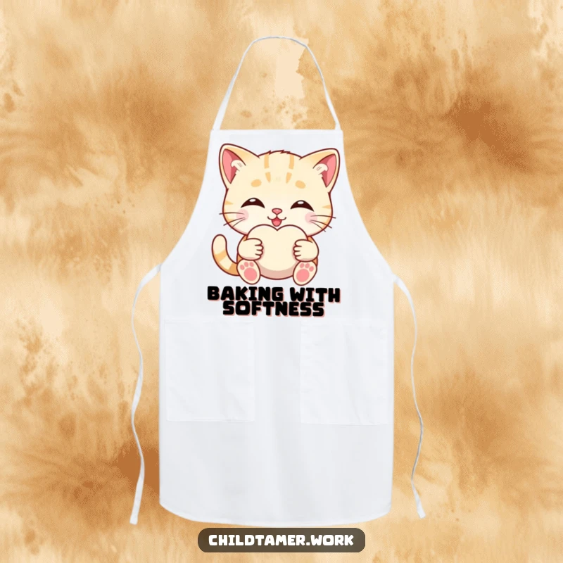 Funny kitten offering a soft comfort object on a kitchen apron, cute and sweet cooking accessory.