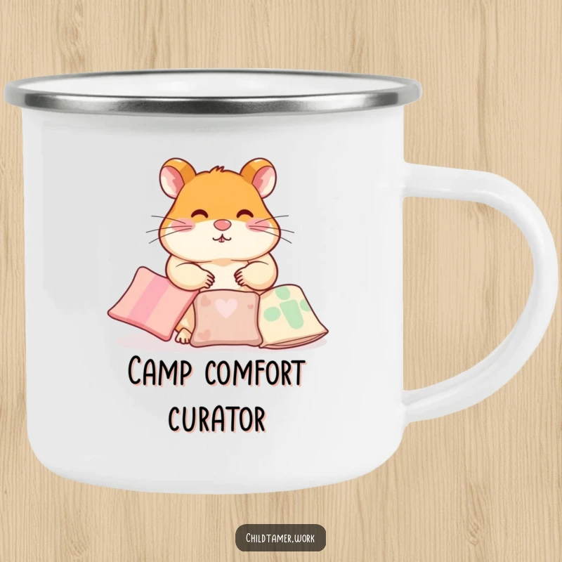 Funny Camping Mug featuring a diligent hamster character humorously arranging small pillows, ready for cozy outdoor organization.