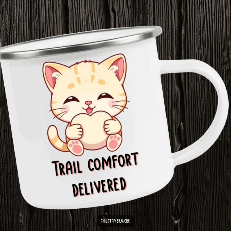 Funny kitten hugging a soft comfort object on a camping mug, cute and comforting outdoor wear.