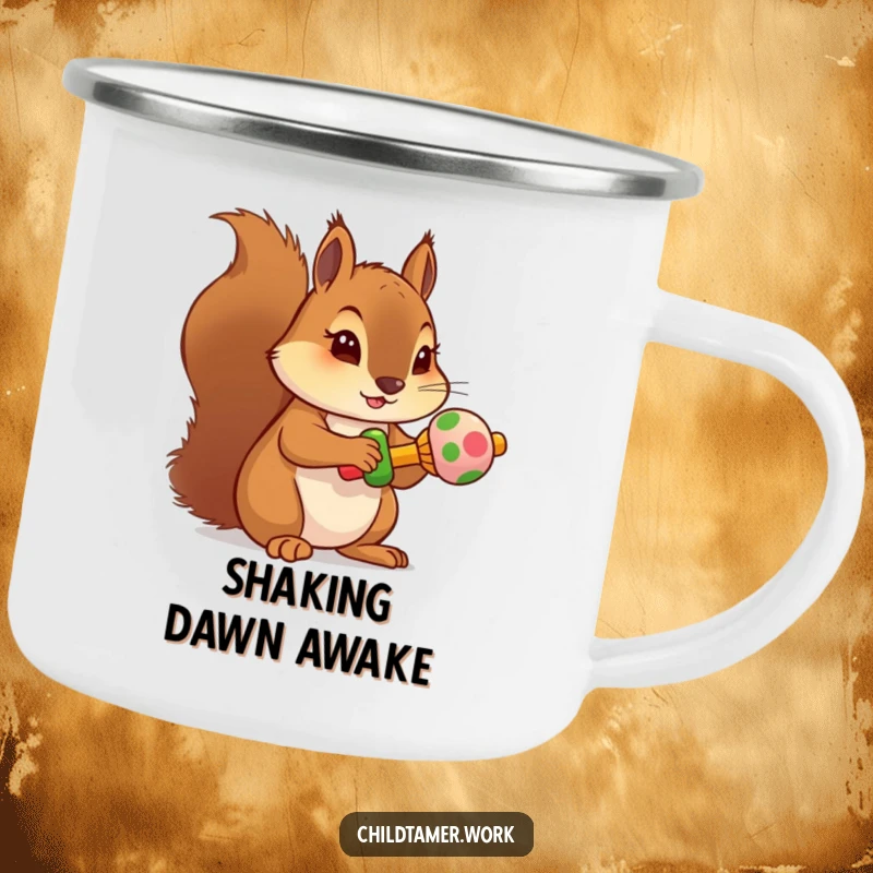 Funny squirrel rattle camping mug showing a determined character holding a miniature, colorful rattle, for outdoor use.