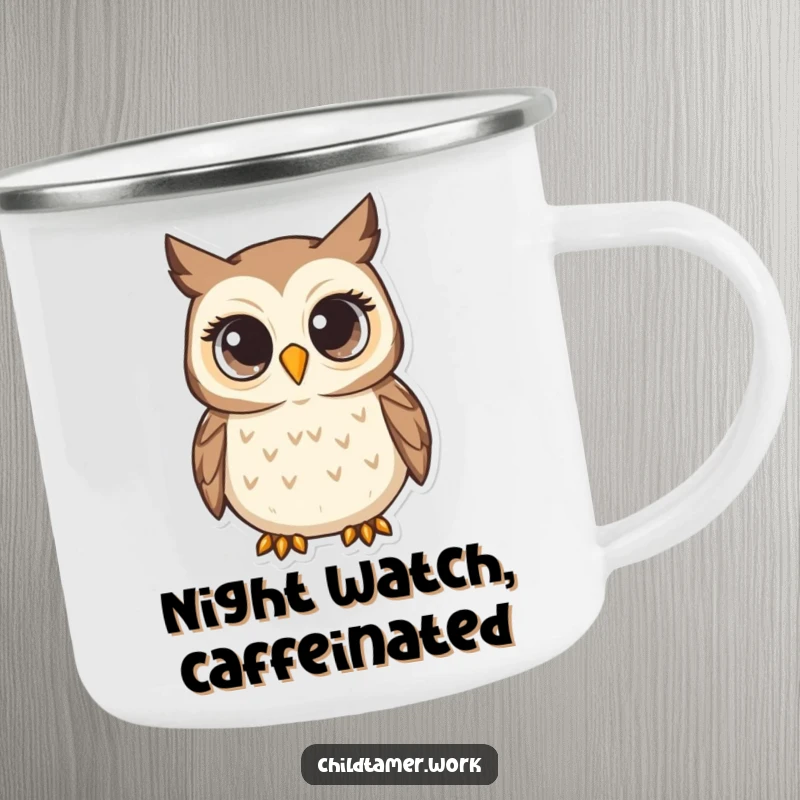 Funny Camping Mug featuring a nurturing owl with wide eyes, humorously embodying attentiveness and watchful wisdom for outdoor enjoyment.