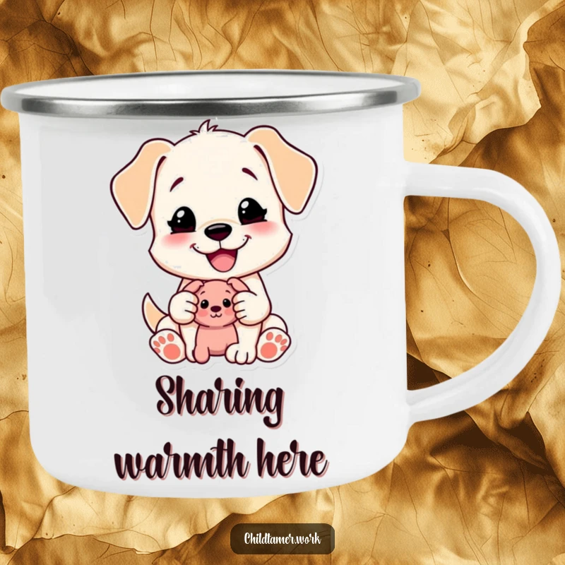 Funny Puppy Camping Mug: a content puppy character happily shares a toy. Durable fun for a funny gift.