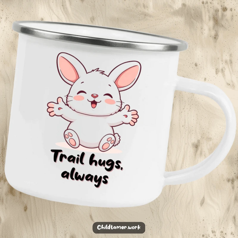 Funny Camping Mug featuring a fluffy bunny character giving a humorous, comforting hug, perfect for outdoor adventures and warm drinks.