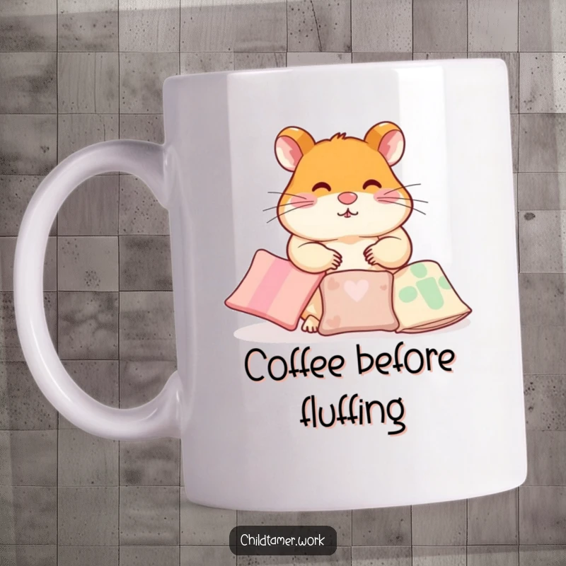 Funny Mug featuring a diligent hamster character meticulously arranging small pillows, humorously embodying organization and comfort.