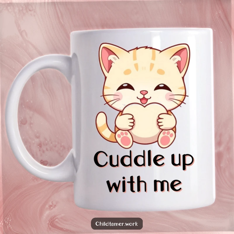 Funny smiling kitten offering a soft comfort object, cute and heartwarming, perfect for a mug.