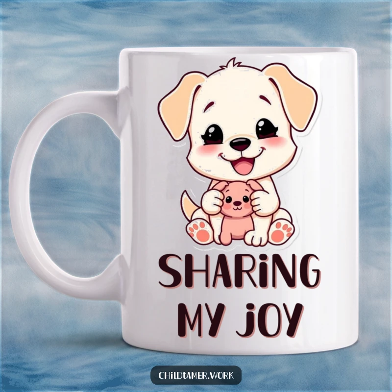 Funny Puppy Mug: a content puppy character happily shares a small toy. A delightful and funny gift for dog lovers.