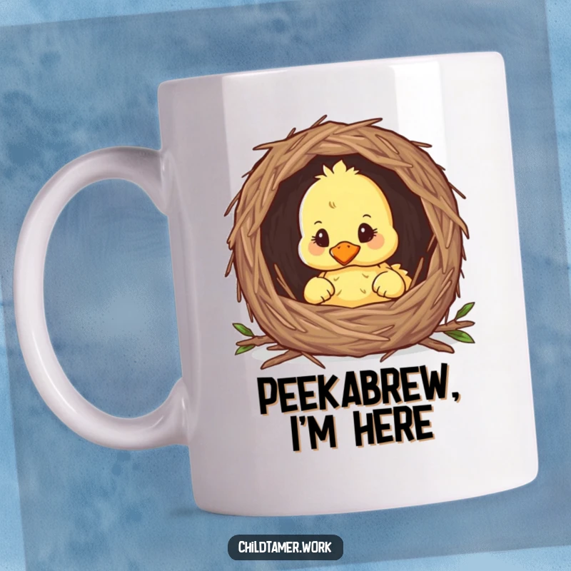 Funny duckling peeking out from a cozy nest, adorable and curious, perfect for a cheerful coffee mug.