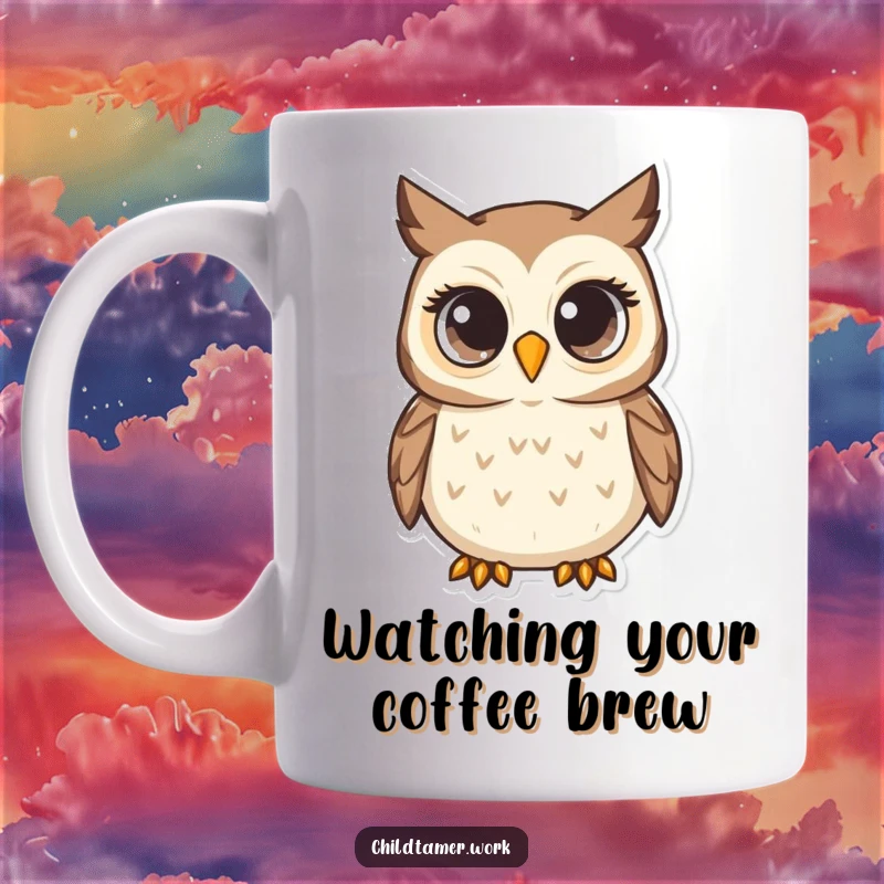 Funny Mug featuring a nurturing owl character with wide, attentive eyes, humorously conveying a watchful and wise presence.