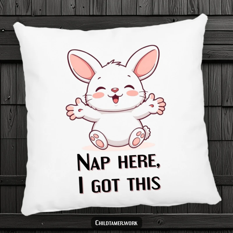 Funny Pillow featuring a fluffy bunny character with paws outstretched, humorously offering a soft, comforting hug for ultimate relaxation.
