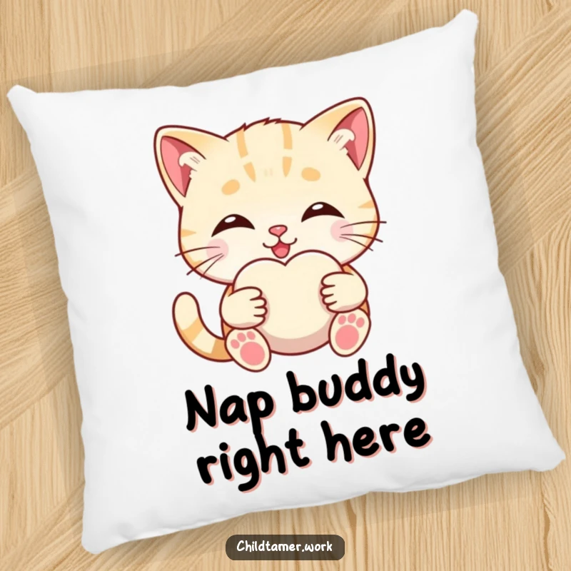 Funny kitten hugging a soft comfort object on a pillow, cute and comforting decor.