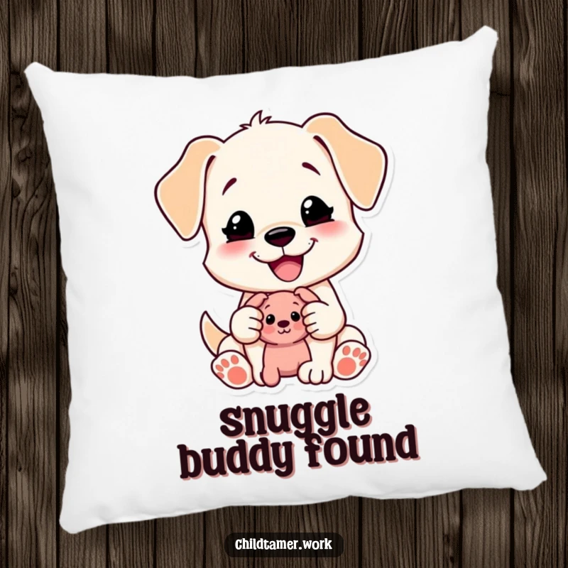 Funny Puppy Pillow: a content puppy character happily shares a toy. Soft decor for a sweet and funny gift.
