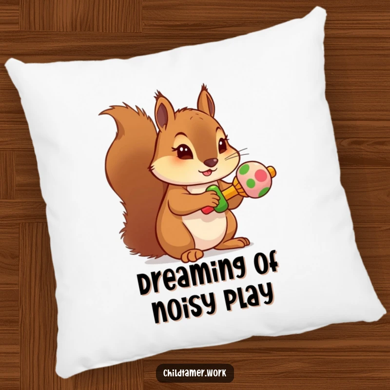 Funny squirrel rattle pillow featuring a determined character holding a miniature, colorful rattle, perfect for relaxation.