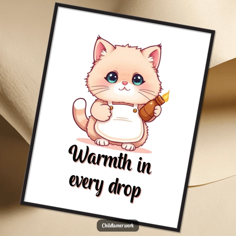 Funny cat apron digital art print of a fluffy kitten wearing a small apron and holding a warm bottle, instant download.