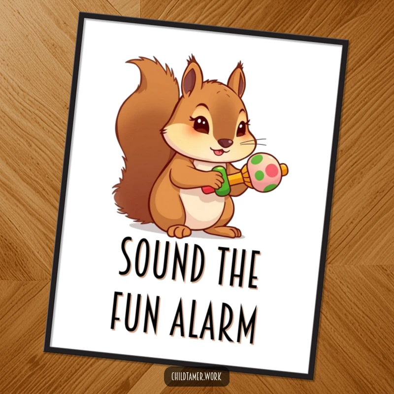 Funny squirrel rattle digital art print of a determined character holding a miniature, colorful rattle, instant download.
