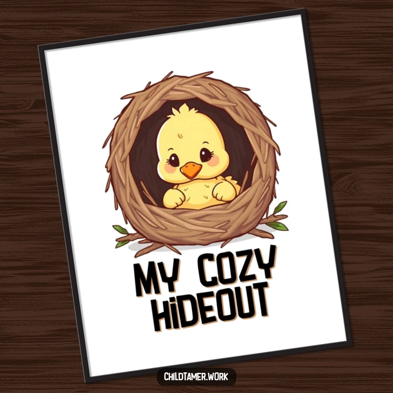Funny duckling peeking from a cozy nest, charming digital art print for instant whimsical decor.