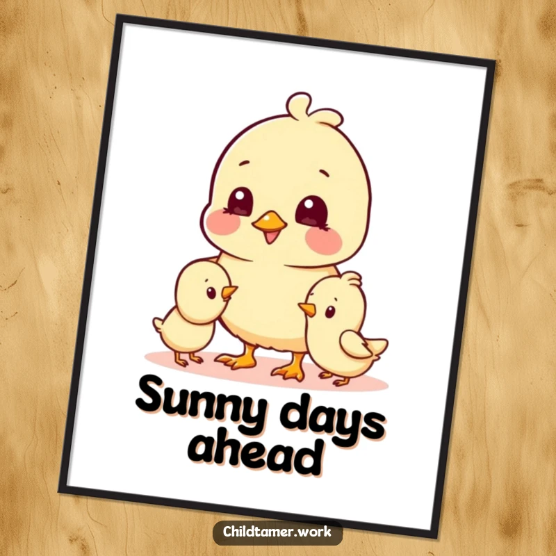 Funny Digital Art Print of cheerful chick characters playing together, humorously capturing innocent joy and companionship for display.