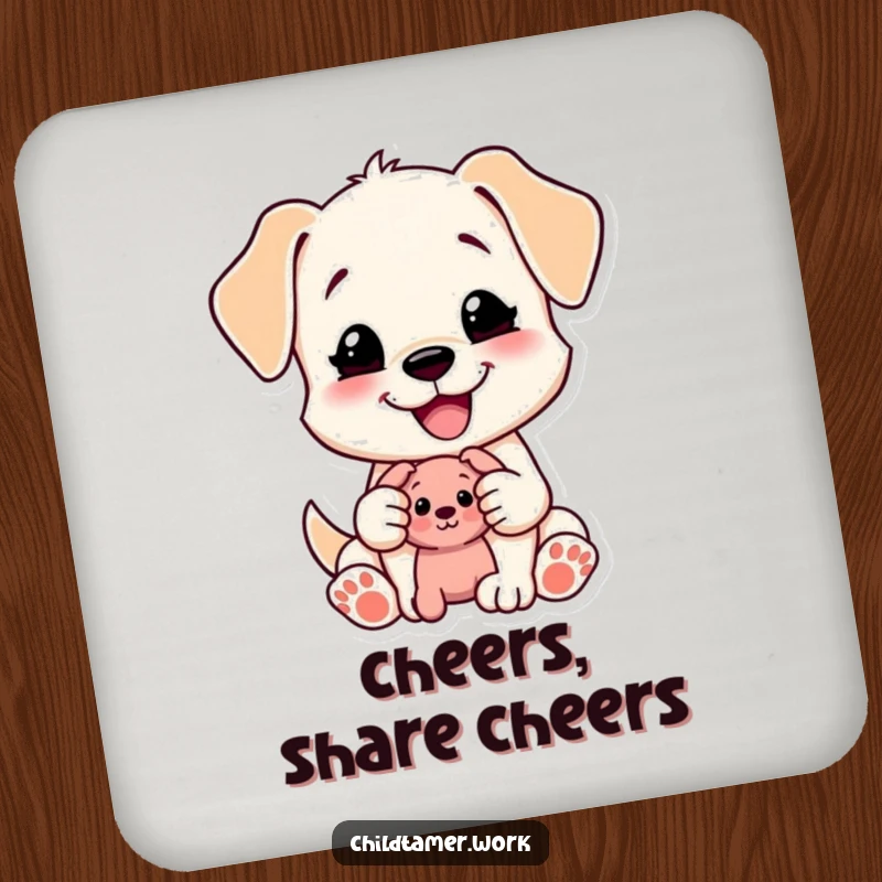 Funny Puppy Coaster: a content puppy happily shares a toy. Protects surfaces with a cute and funny gift.