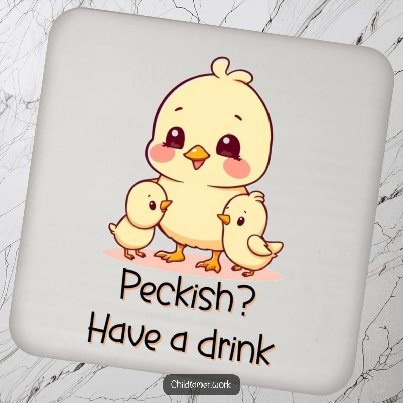 Funny Drink Coaster featuring cheerful chick characters playing together, humorously adding joy and charm while protecting surfaces.