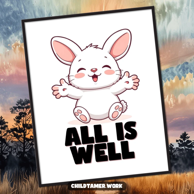 Funny Poster showcasing a fluffy bunny character with open paws, humorously extending a comforting hug and reassurance to the viewer.