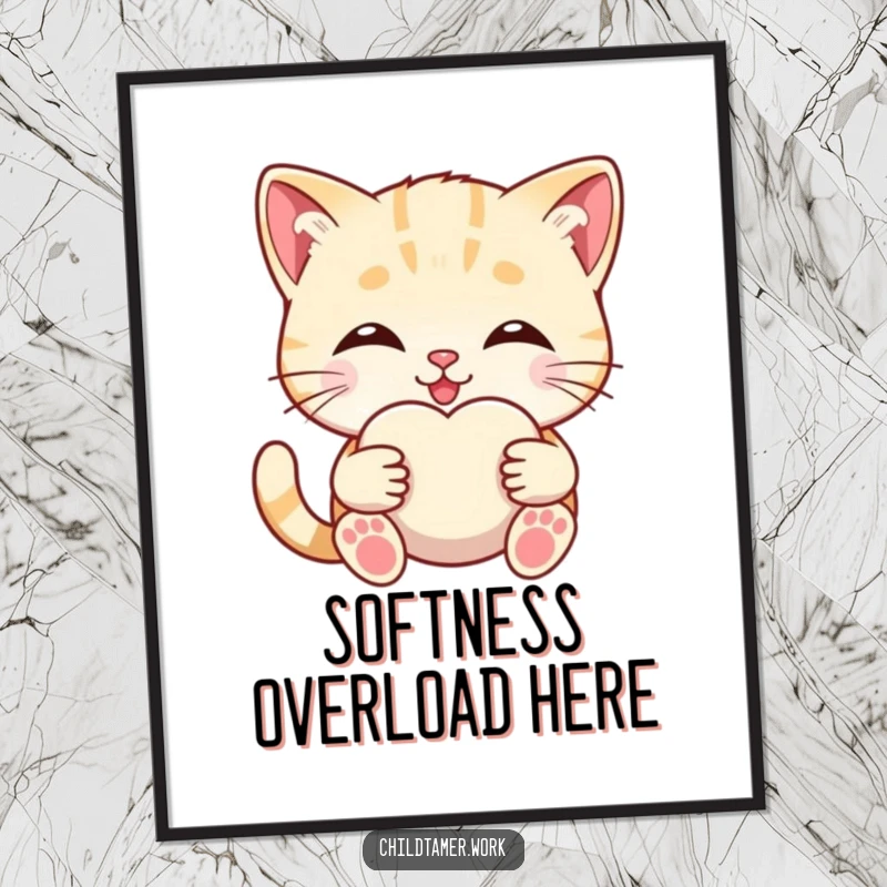 Funny smiling kitten offering a soft comfort object, heartwarming wall art for cat lovers.