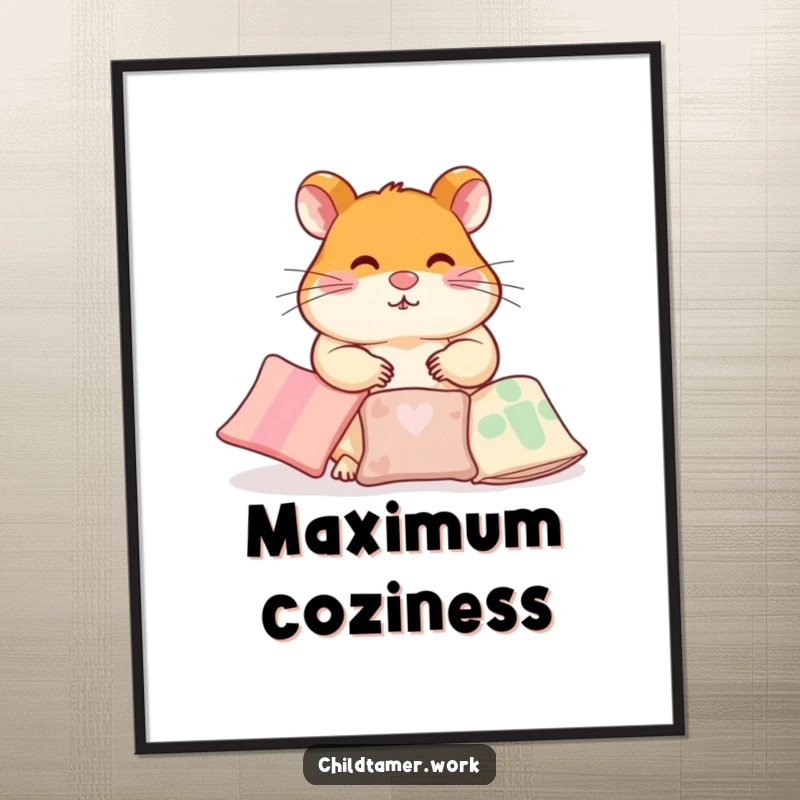 Funny Poster showcasing a diligent hamster character meticulously arranging small pillows, humorously depicting a passion for order and comfort.
