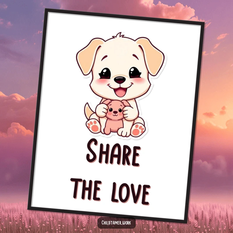 Funny Puppy Poster: a content puppy character happily shares a small toy. Adorable wall art for a funny gift.
