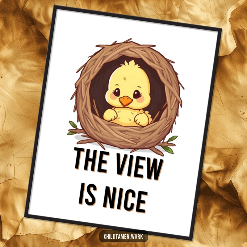 Funny duckling peeking from a nest, charming wall art poster, cute and whimsical animal illustration.