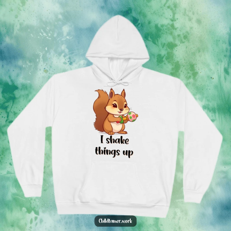 Funny squirrel rattle hoodie showing a determined character holding a miniature, colorful rattle securely.