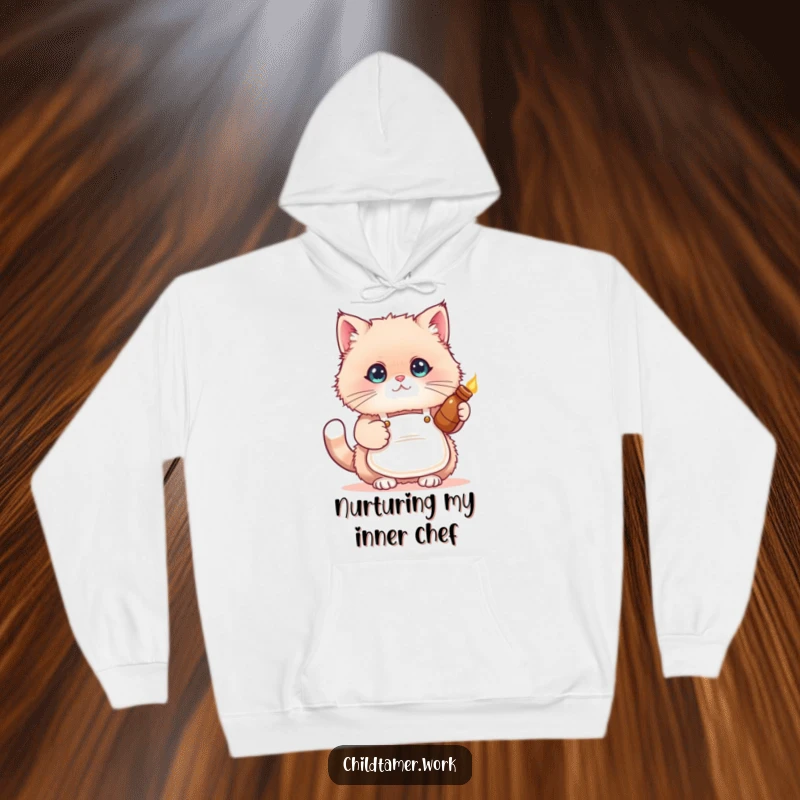 Funny cat apron hoodie showing a fluffy kitten wearing a tiny apron and holding a warm bottle.