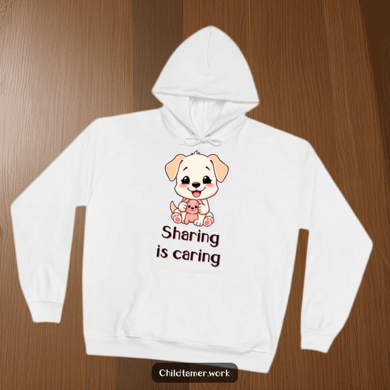Funny Puppy Hoodie: a content puppy character happily shares a toy. Cozy and kind apparel for a funny gift.