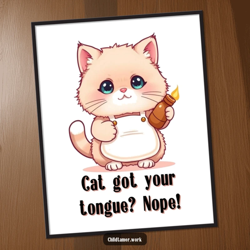 Funny Free Printable Wall Art: A fluffy cat in a tiny apron gently holding a warm bottle, radiating comfort and care.