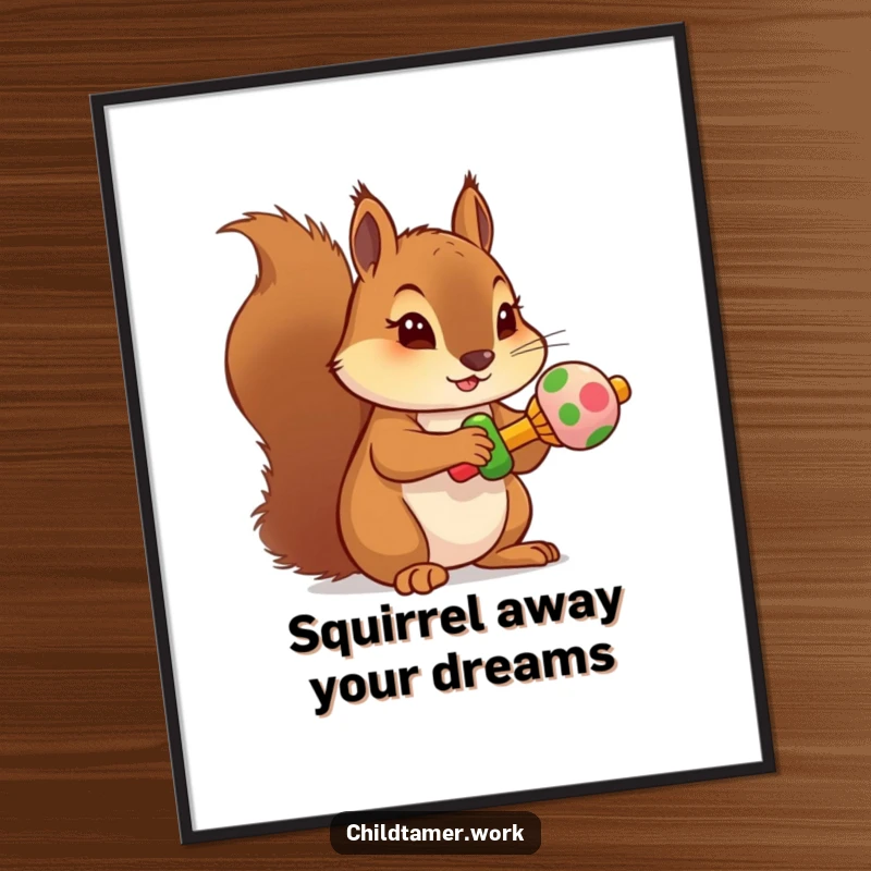 Funny Free Printable Wall Art: A determined squirrel character holding a miniature, brightly colored rattle, ready for action.
