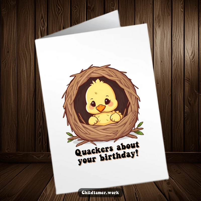 Funny Free Printable Birthday Card: Curious duckling peeking out of a cozy nest, radiating birthday cheer and downloadable charm.