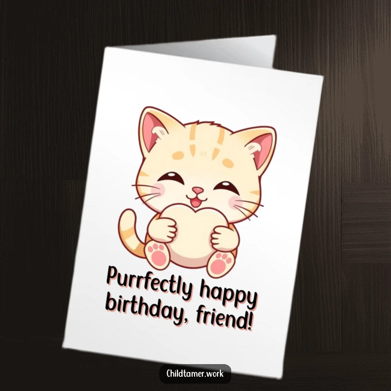 Funny Free Printable Birthday Card: Smiling kitten offering a soft comfort object, radiating warmth and birthday joy for a downloadable gift.
