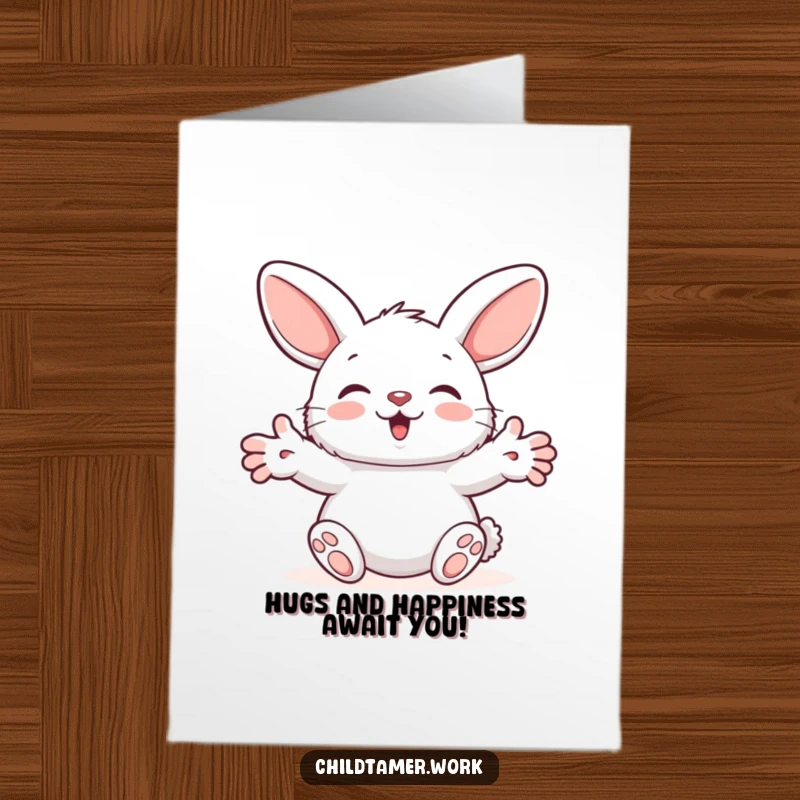 Funny Free Printable Birthday Card: Fluffy bunny with outstretched paws giving a silly hug and a reassuring wink, ready to download.