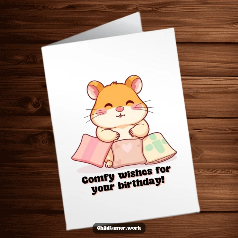 Funny Free Printable Birthday Card: A diligent hamster meticulously arranging small, fluffy pillows, creating a cozy birthday scene, ready for download.