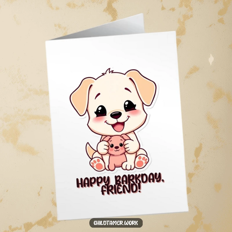Funny Free Printable content puppy character happily sharing a small toy, perfect for a birthday card.