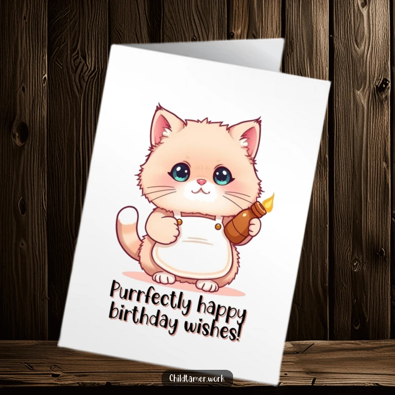 Funny Free Printable Birthday Card: A fluffy cat in a tiny apron tenderly holding a warm bottle, sending love.