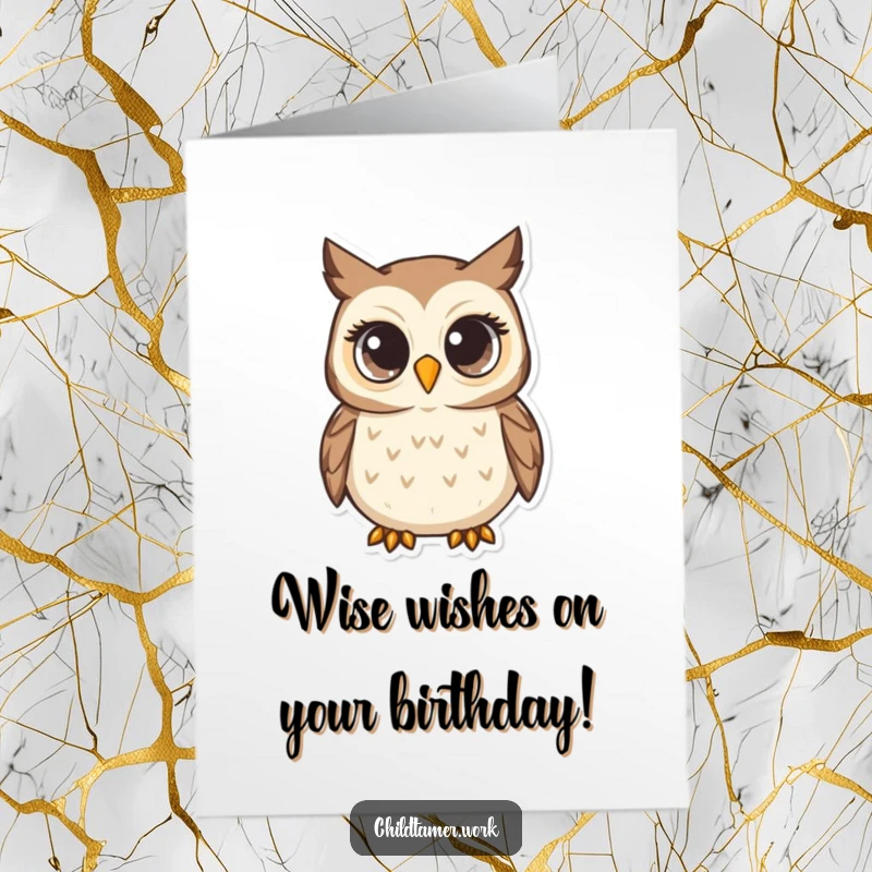 Funny Free Printable Birthday Card: A wise owl with wide, attentive eyes, looking curiously at the birthday celebration, ready for download.