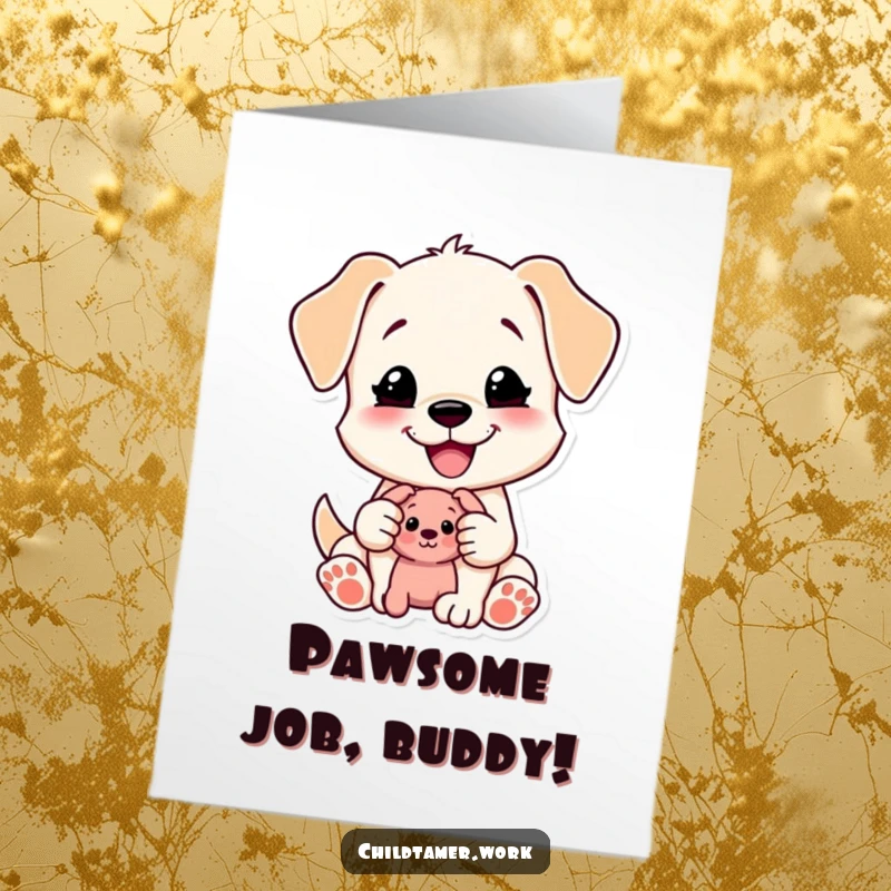 Funny Free Printable content puppy character happily sharing a small toy, ideal for a congratulations card.