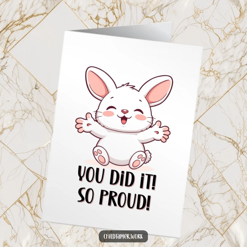 Funny Free Printable Congratulations Card: Fluffy bunny with encouraging outstretched paws, offering a silly, supportive message, perfect for download.