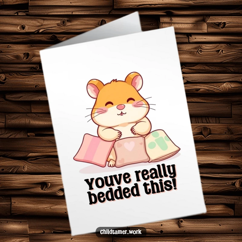 Funny Free Printable Congratulations Card: A diligent hamster carefully arranging pillows, symbolizing comfort and success, perfect for download.