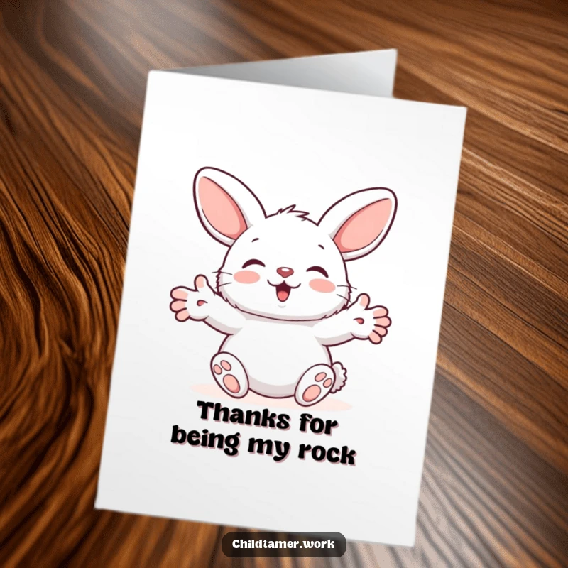 Funny Free Printable Thank You Card: Fluffy bunny with outstretched paws, looking adorably silly while expressing thanks, ready for printing.