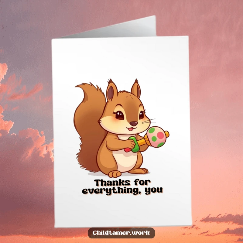 Funny Free Printable Thank You Card: A determined squirrel holding a small, colorful rattle, conveying thanks with a playful energy.