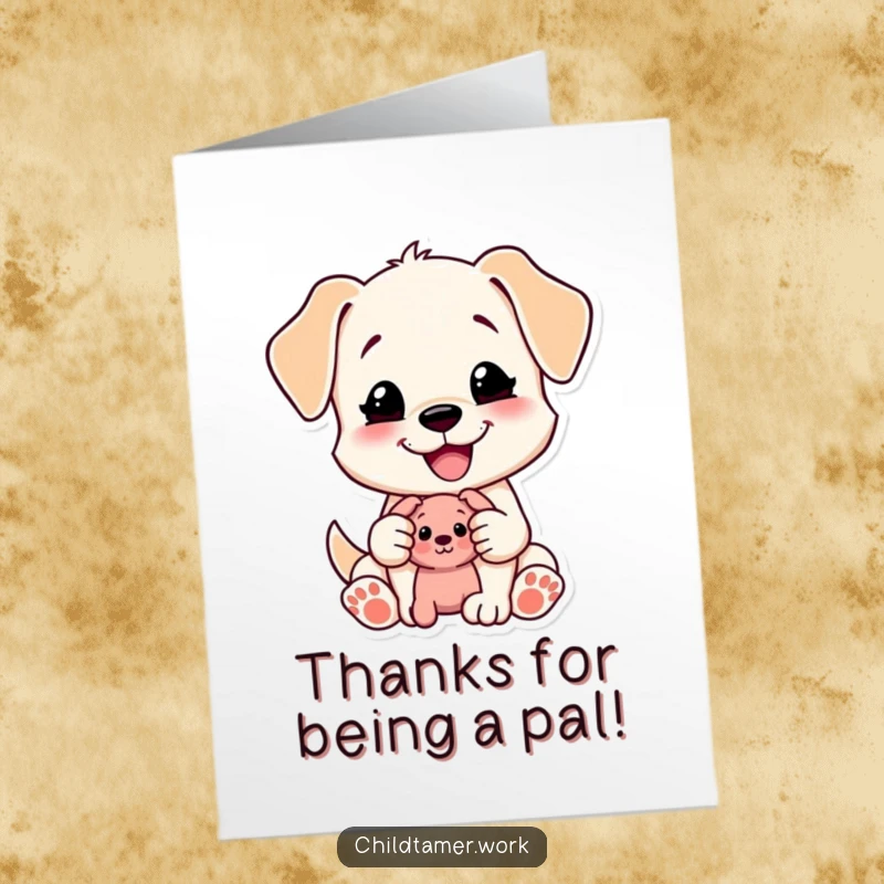Funny Free Printable content puppy character happily sharing a small toy, perfect for a thank you card.