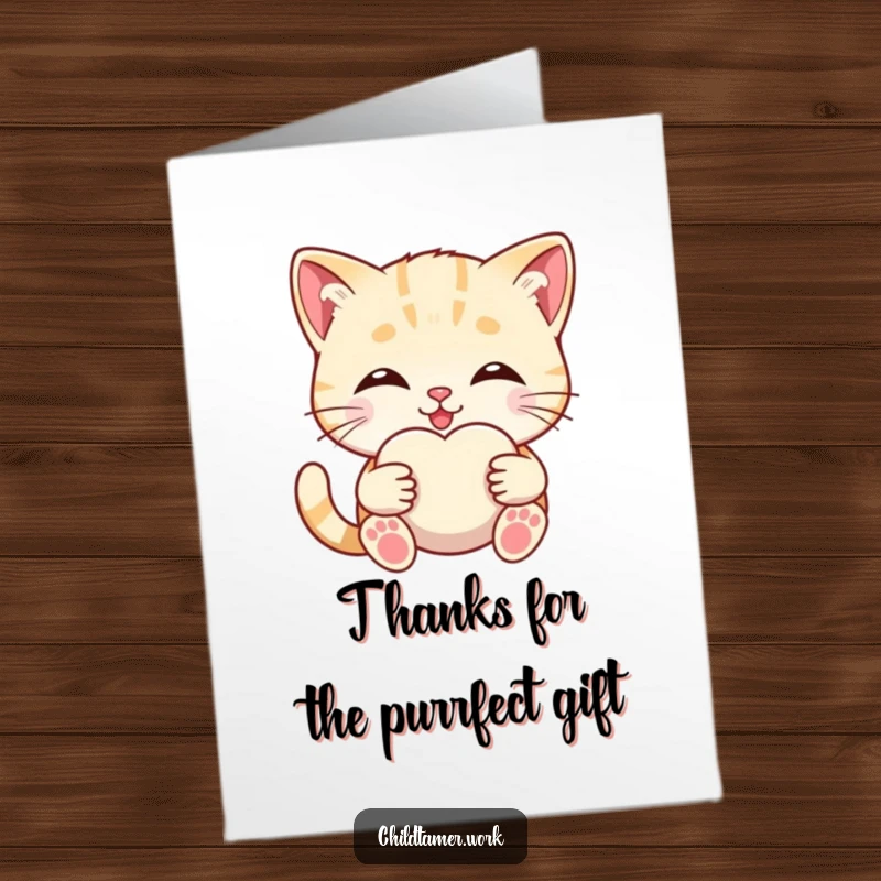 Funny Free Printable Thank You Card: Smiling kitten offering a soft comfort object, a sweet and downloadable way to say thanks.
