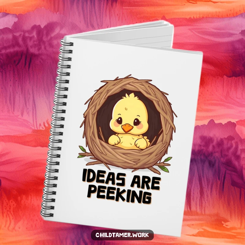 Funny duckling peeking from a nest on a notebook, cute cover for journaling and notes.