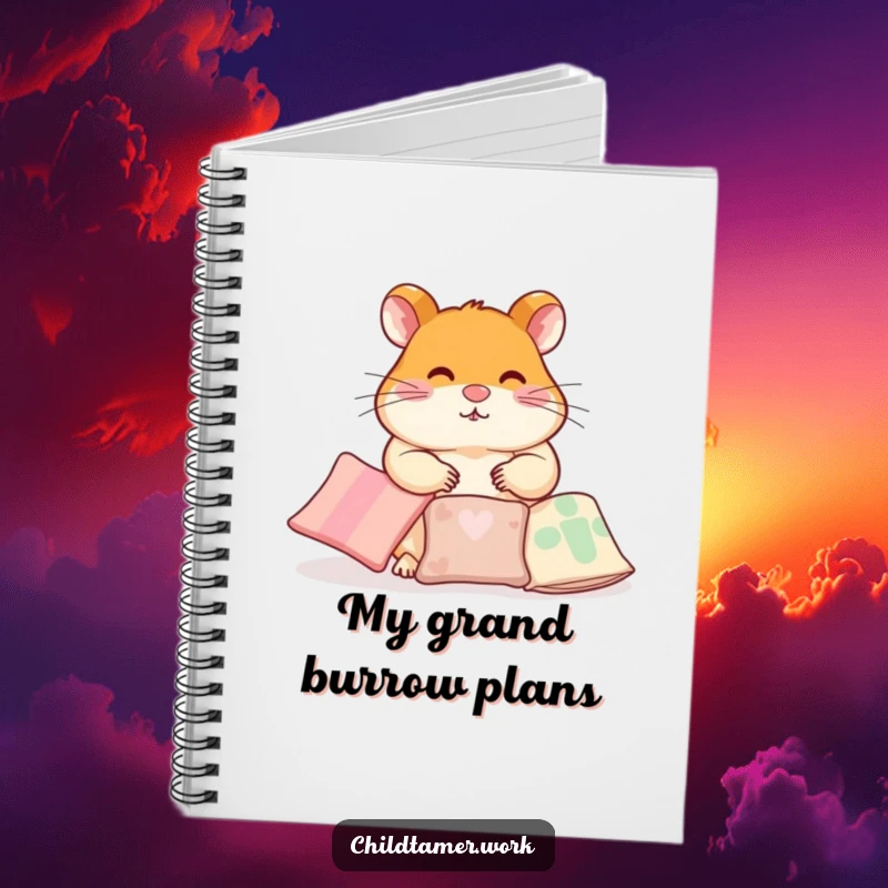 Funny Notebook with a diligent hamster character humorously arranging small pillows, ideal for organizing thoughts and plans.
