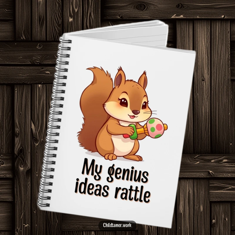 Funny squirrel rattle notebook with a determined character holding a miniature, colorful rattle on the cover.
