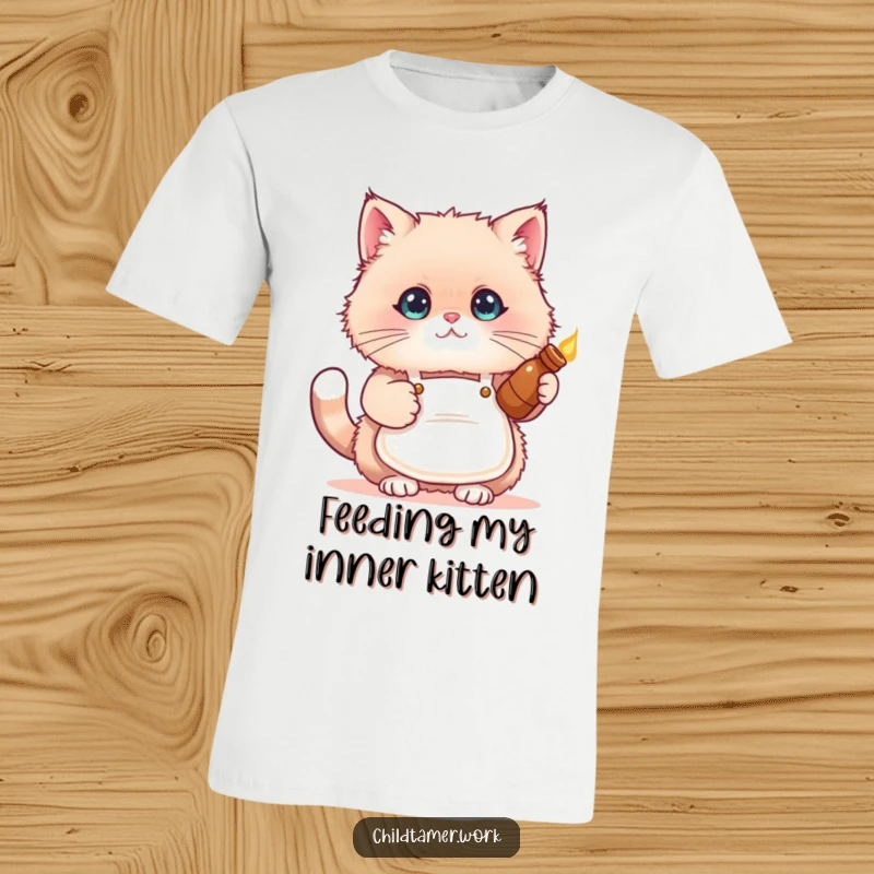 Funny cat apron t-shirt depicting a fluffy kitten in a small apron, holding a warm bottle with care.